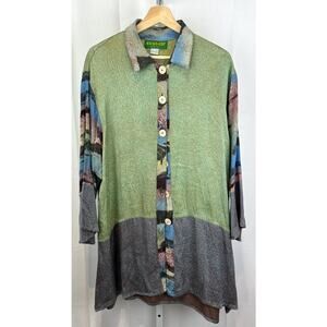 KUSNADI New York Button Front Tunic Top Artsy Rayon Green Multicolor One Size
